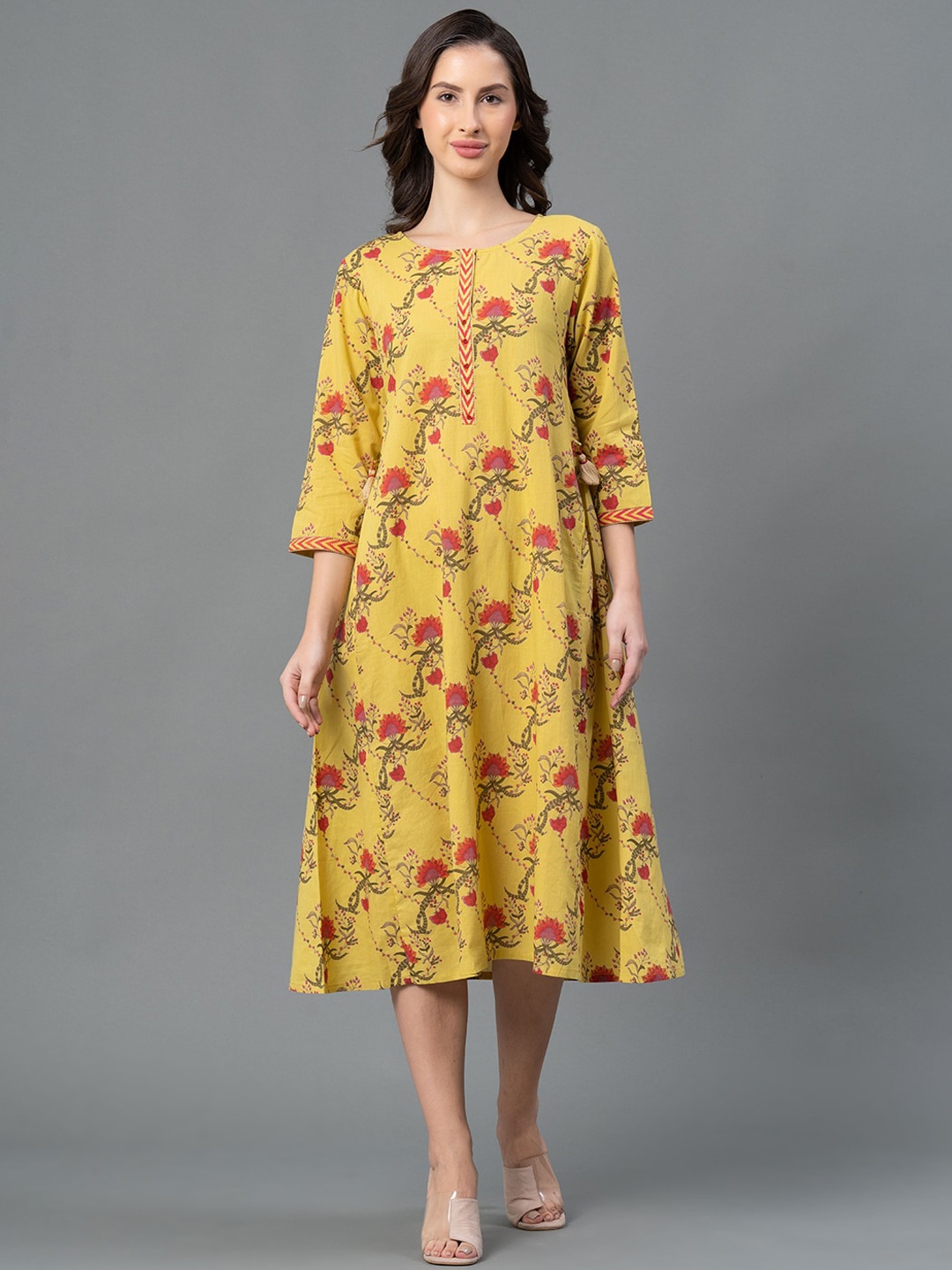 

Mode by Red Tape Floral Printed Round Neck Cotton A-Line Ethnic Dress, Mustard