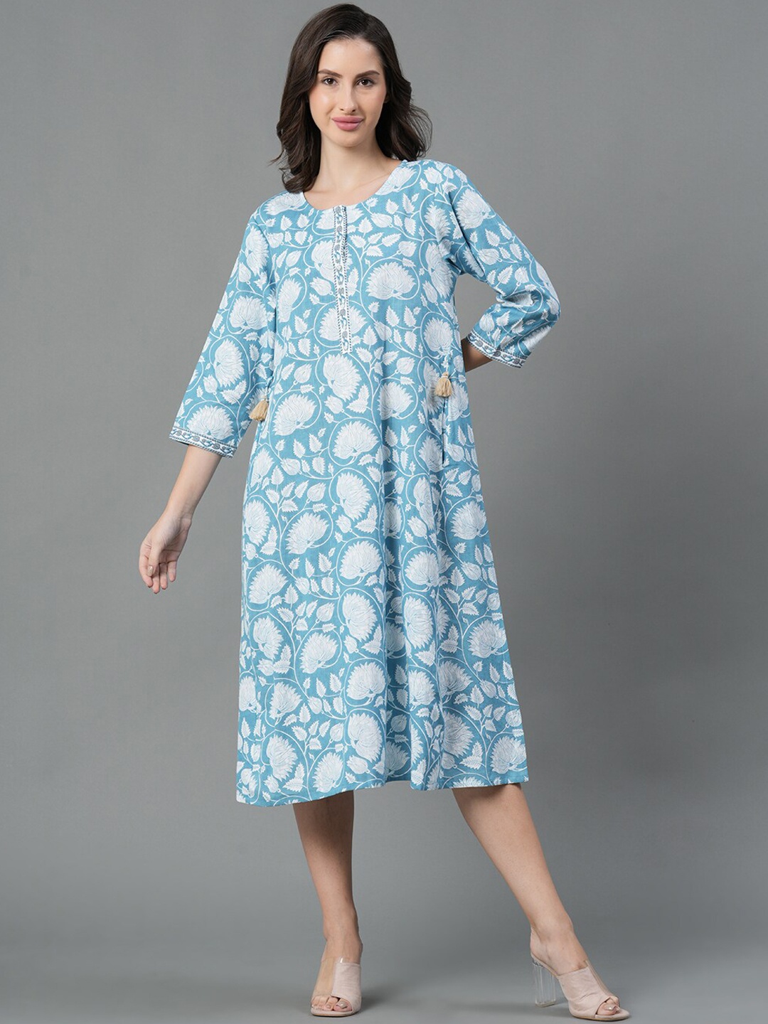 

Mode by Red Tape Floral Printed Round Neck Cotton A-Line Ethnic Dress, Blue