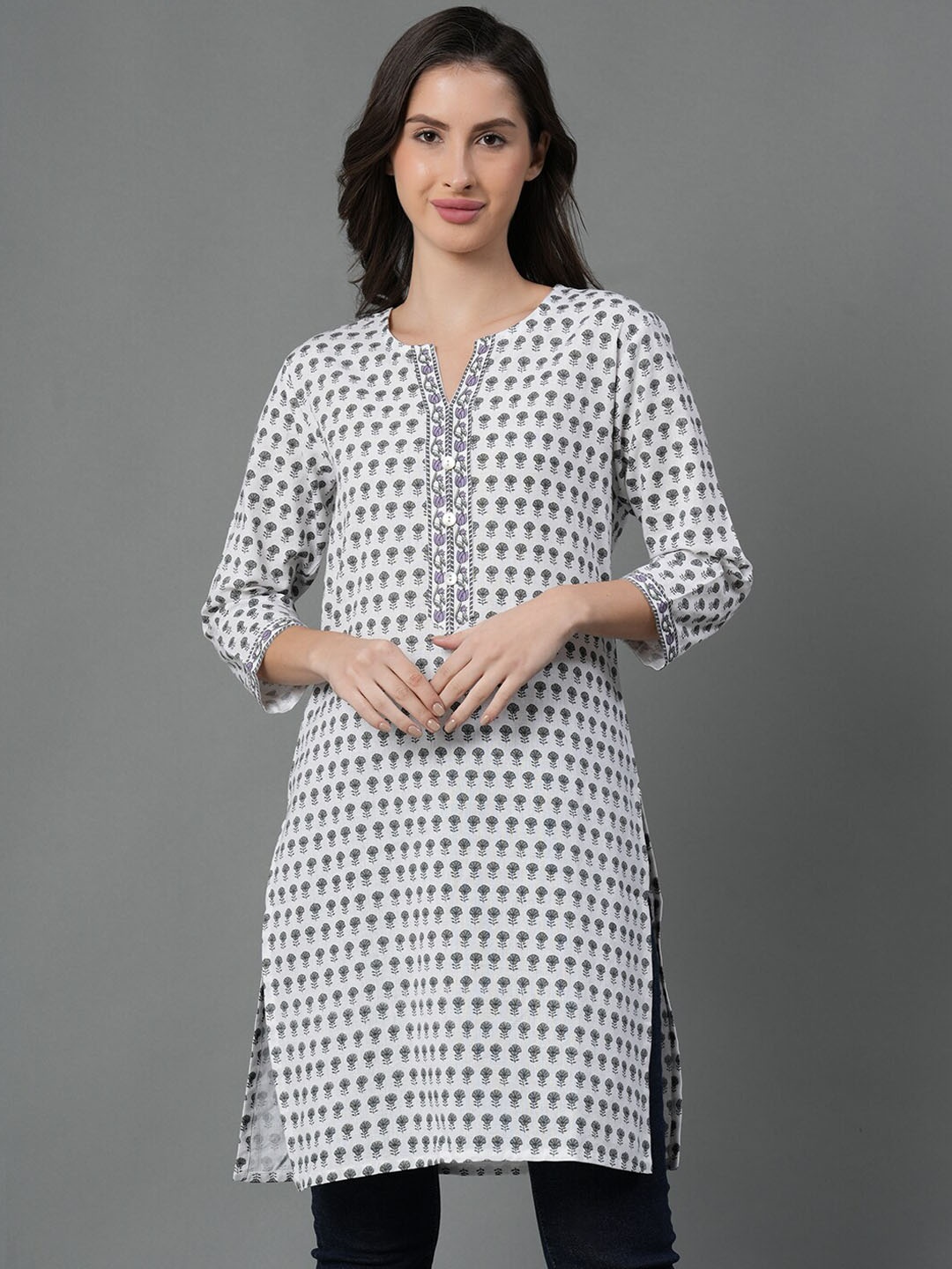 

Mode by Red Tape Floral Printed Pure Cotton Straight Kurta, White