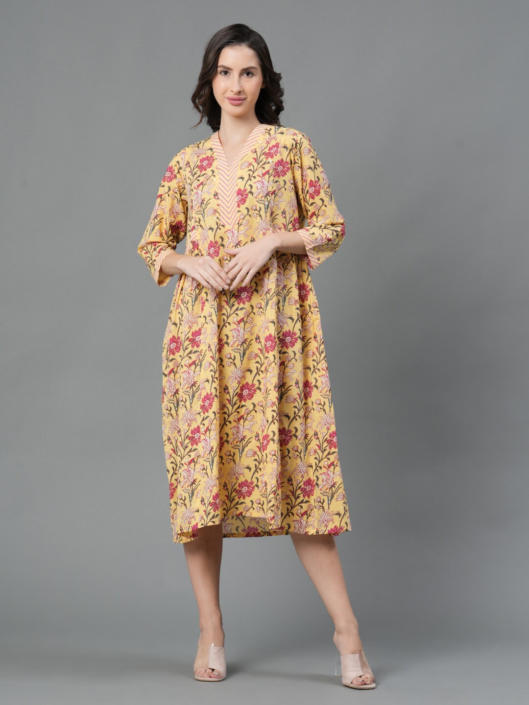 

Mode by Red Tape Floral Printed A-Line Pure Cotton Midi Dress, Yellow