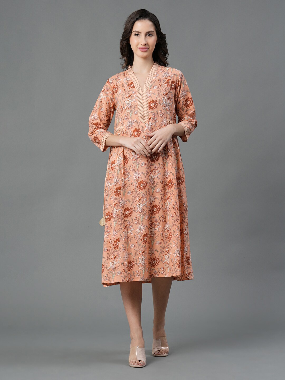 

Mode by Red Tape Floral Printed Cotton V-Neck A-Line Midi Dress, Peach