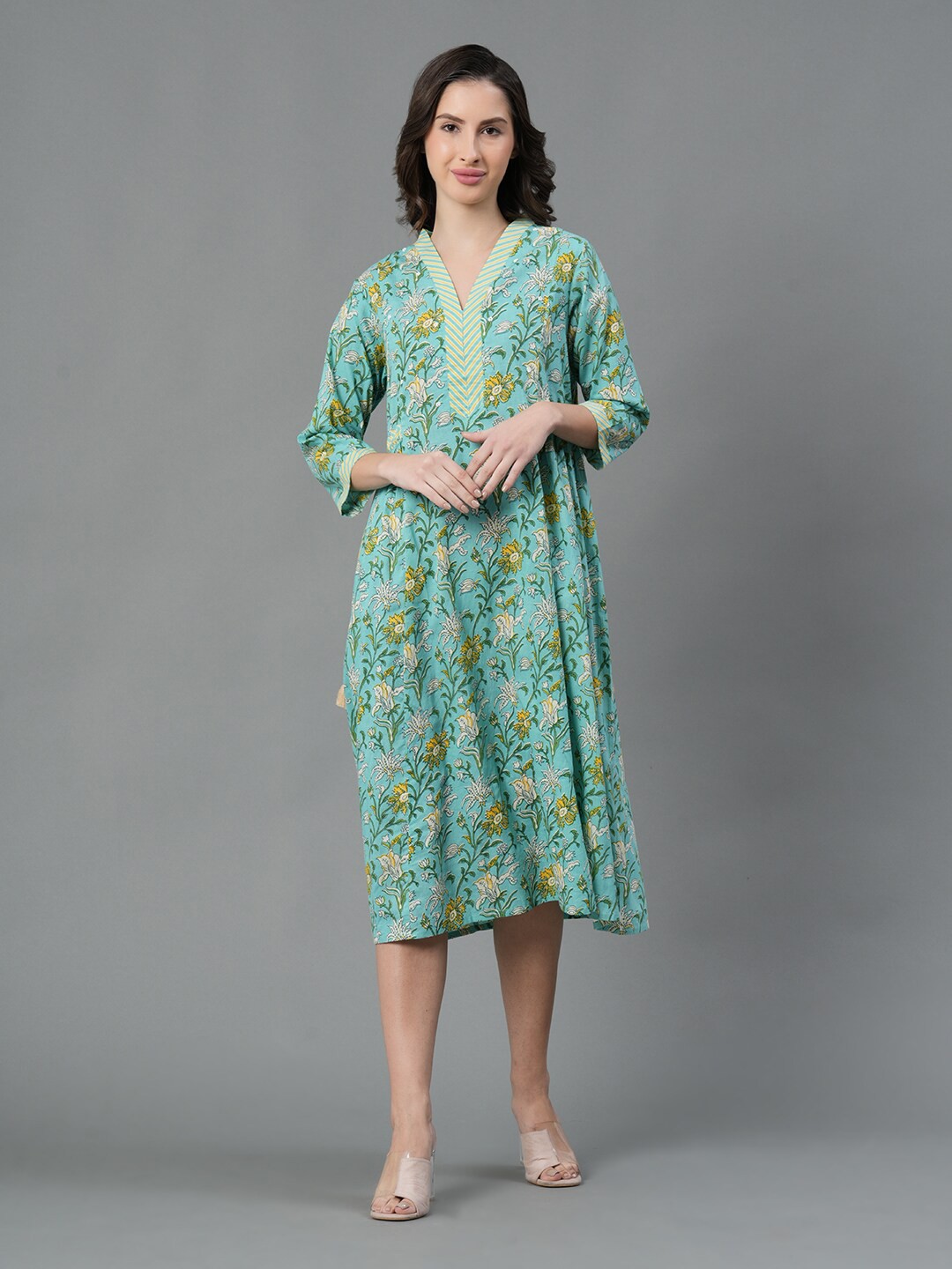 

Mode by Red Tape Floral Printed Cotton A-Line Midi Dress, Sea green