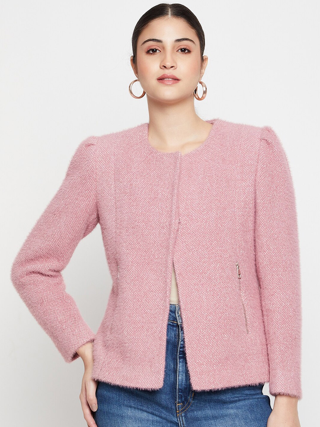 

Cantabil Women Round Neck Long Sleeves Single-Breasted Blazer, Pink