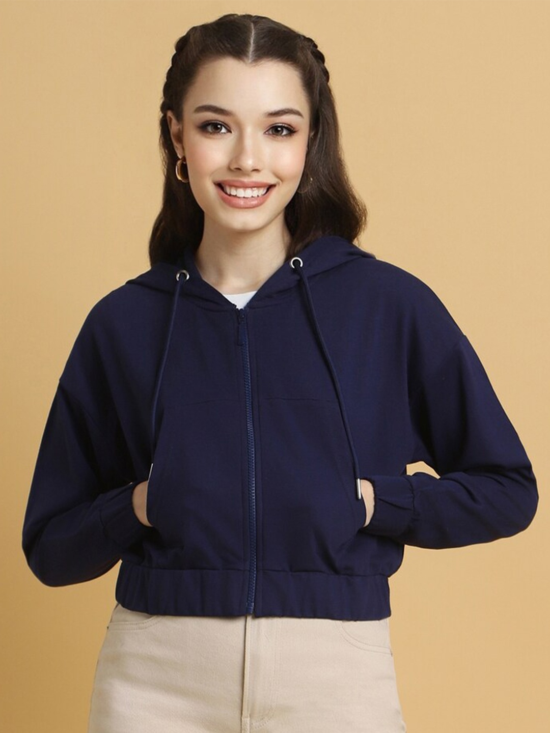 

FOREVER 21 Hooded Front-Open Sweatshirt, Navy blue