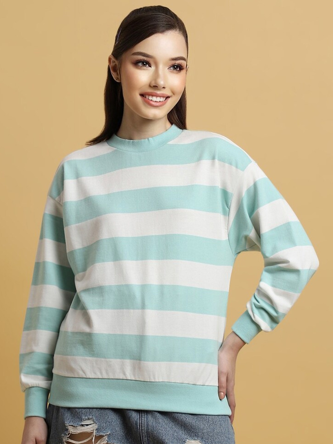 

FOREVER 21 Striped Round Neck Long Sleeve Pullover Sweatshirt, Blue