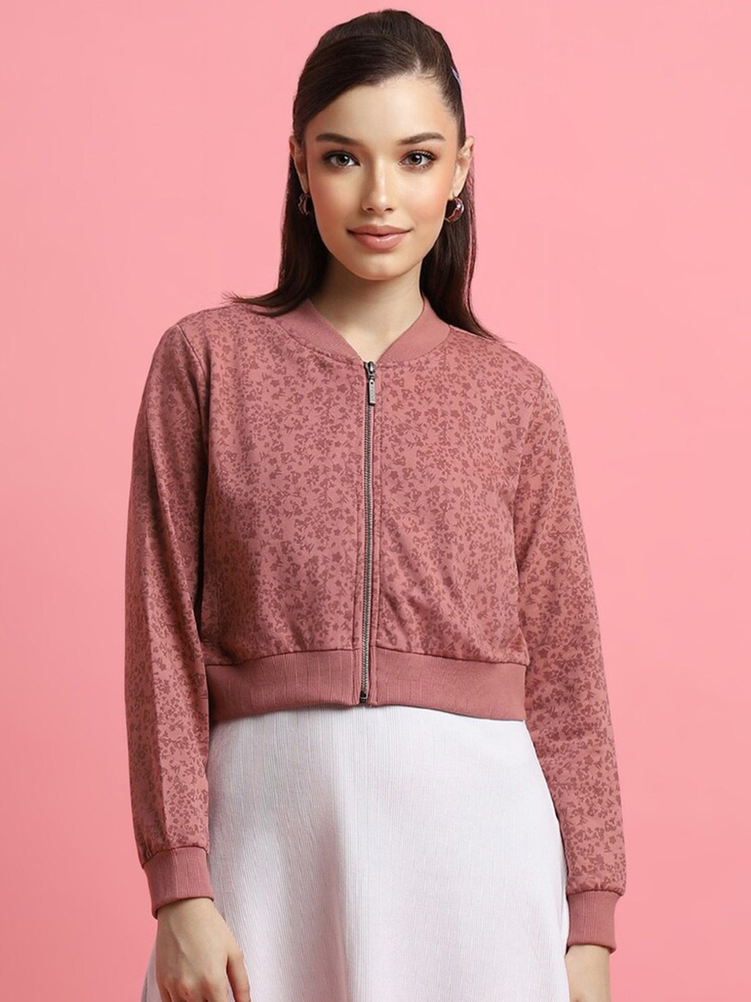 

FOREVER 21 Floral Printed Mandarin Collar Long Sleeve Crop Front-Open Sweatshirt, Pink