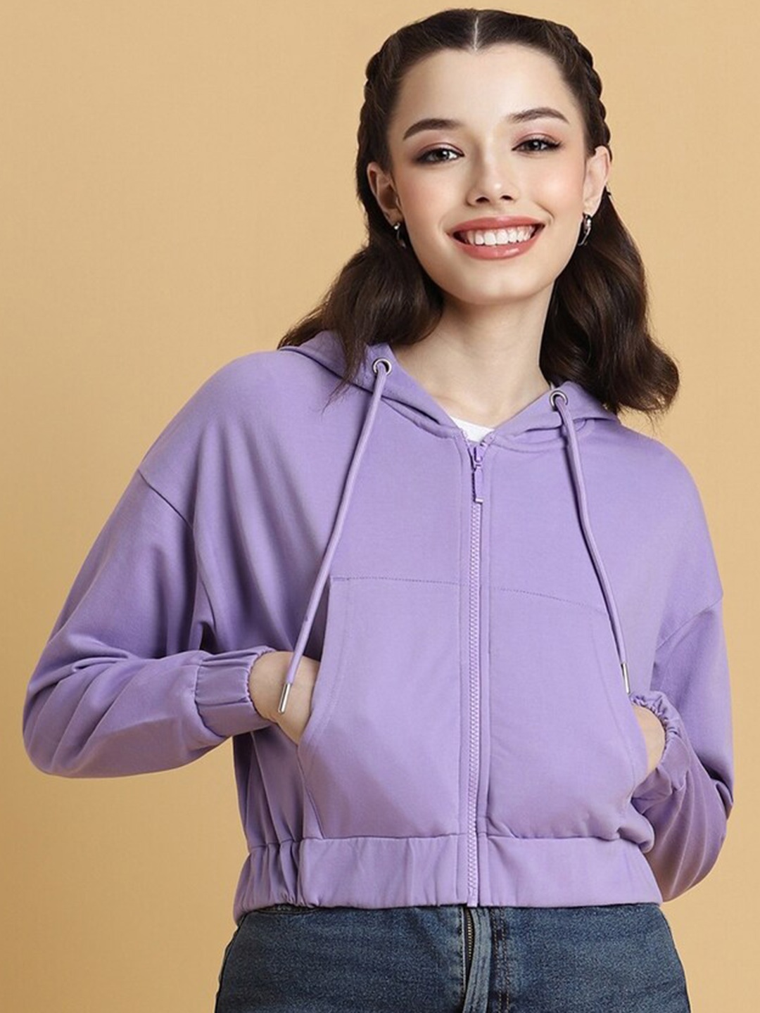 

FOREVER 21 Hooded Neck Long Sleeve Zip Detail Crop Front-Open Sweatshirt, Purple