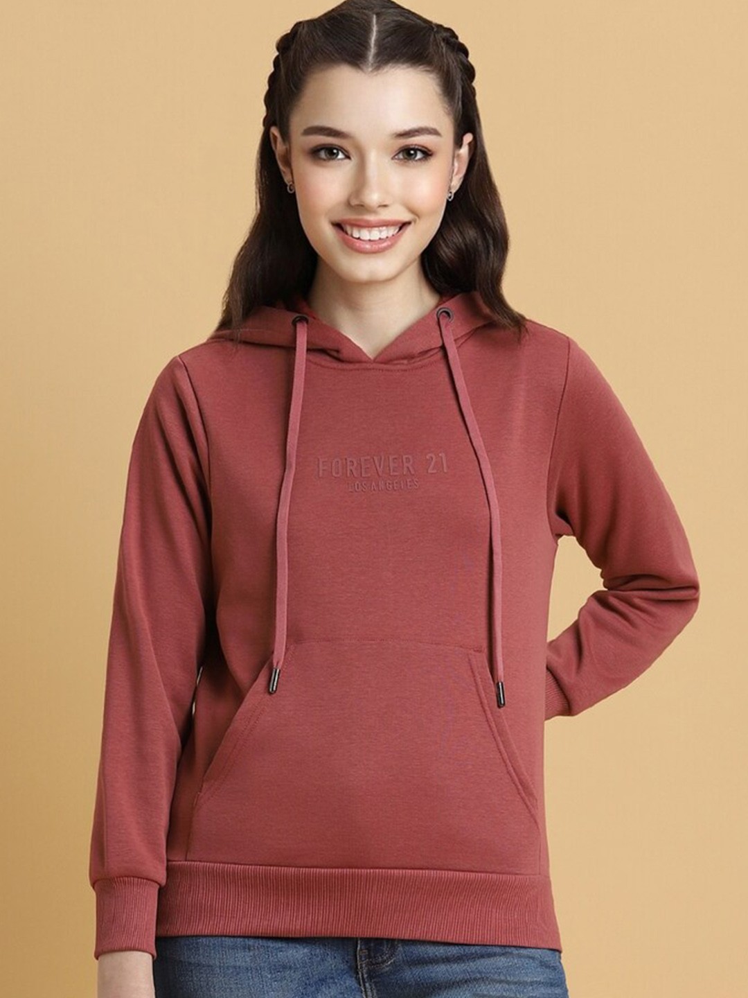

FOREVER 21 Hooded Pullover Sweatshirt, Red