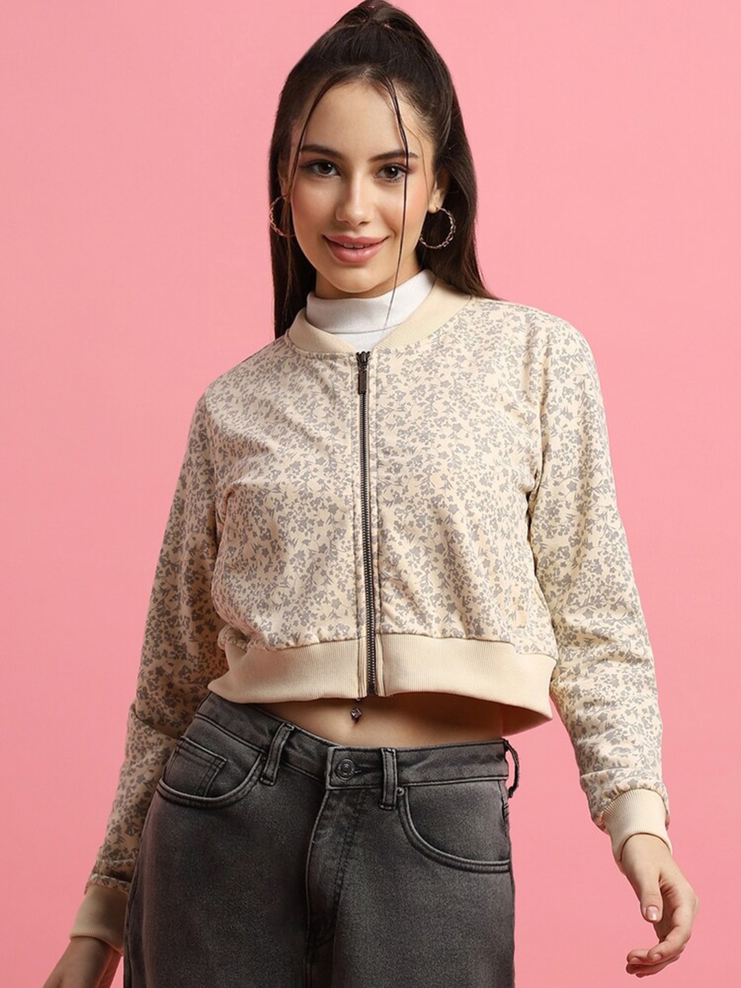 

FOREVER 21 Floral Printed Crop Front Open Sweatshirt, Beige