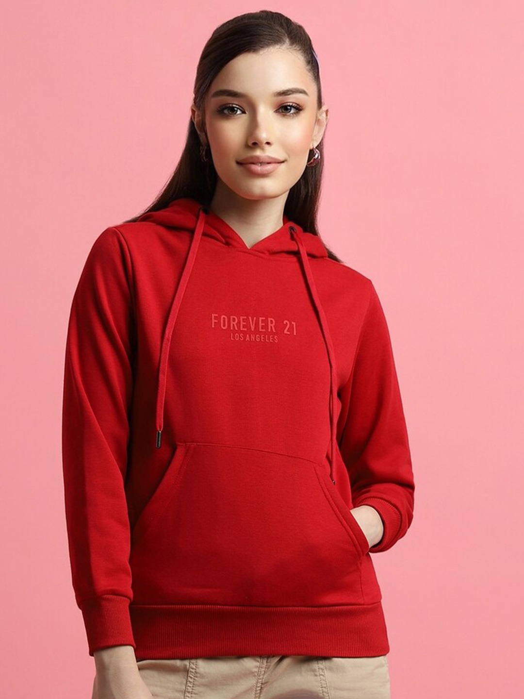 

FOREVER 21 Typography Printed Hooded Neck Long Sleeve Pullover Sweatshirt, Red