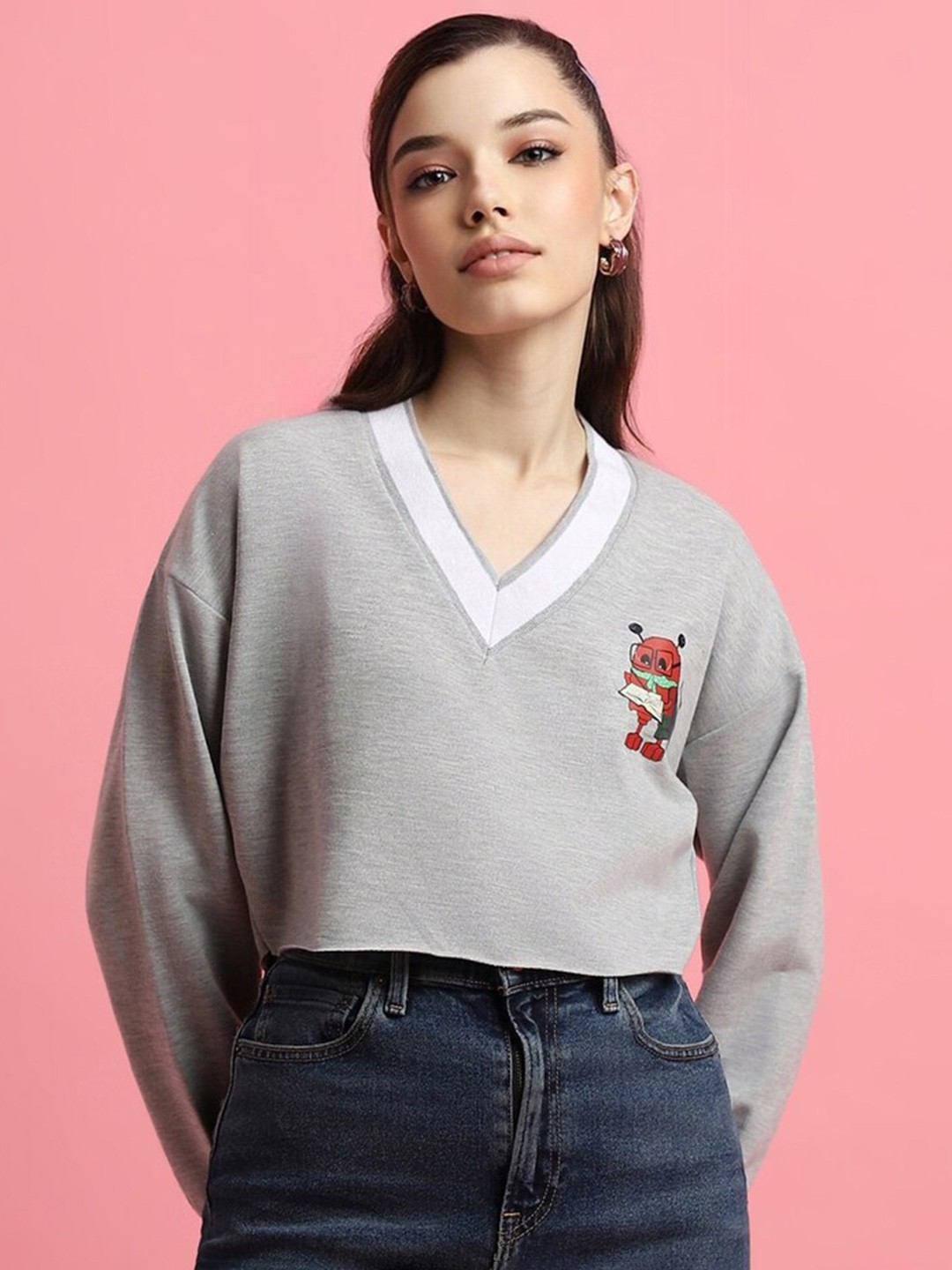 

FOREVER 21 Graphic Printed V-Neck Pullover Sweatshirt, Grey