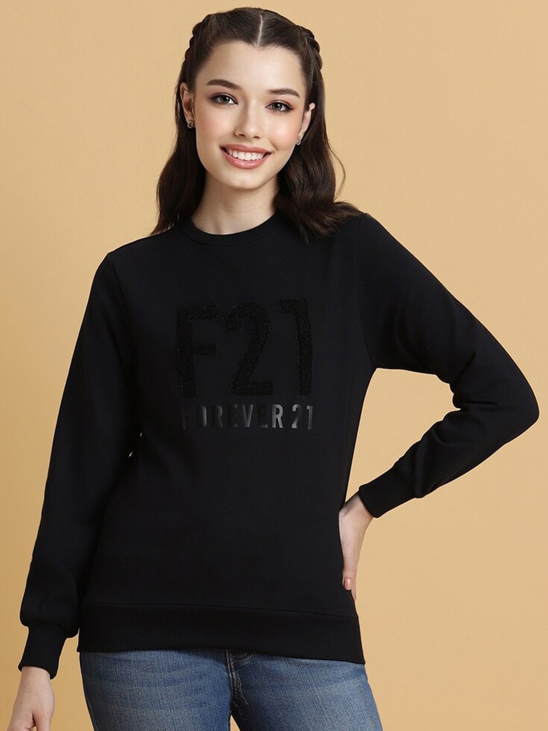 

FOREVER 21 Typography Printed Pullover Sweatshirt, Black