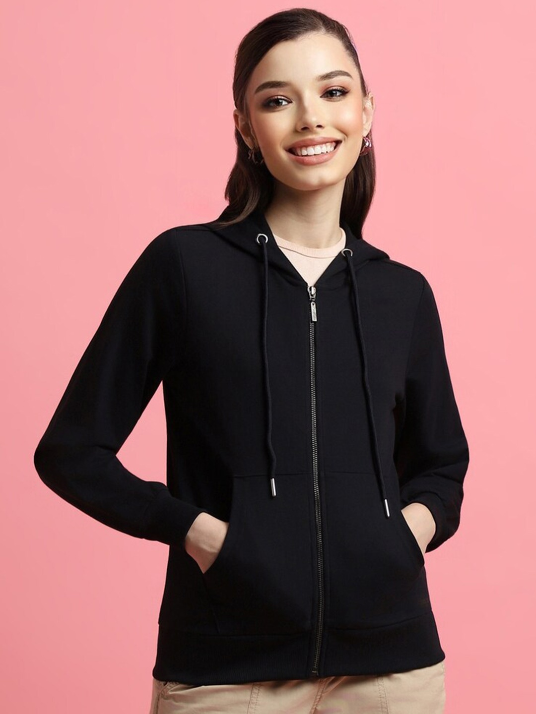 

FOREVER 21 Hooded Neck Long Sleeve Zip Detail Front-Open Sweatshirt, Black