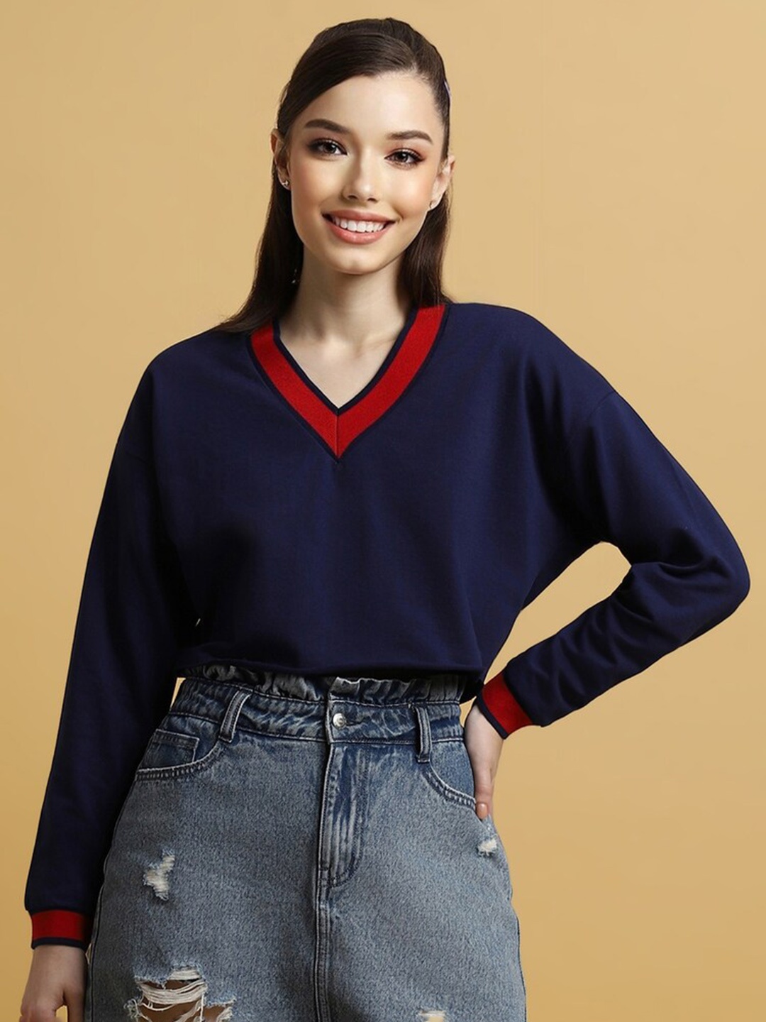 

FOREVER 21 V-Neck Crop Sweatshirt, Navy blue