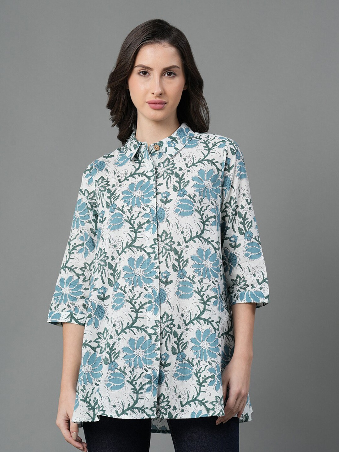 

Mode by Red Tape Floral Printed Shirt Collar Pure Cotton A-Line Top, White