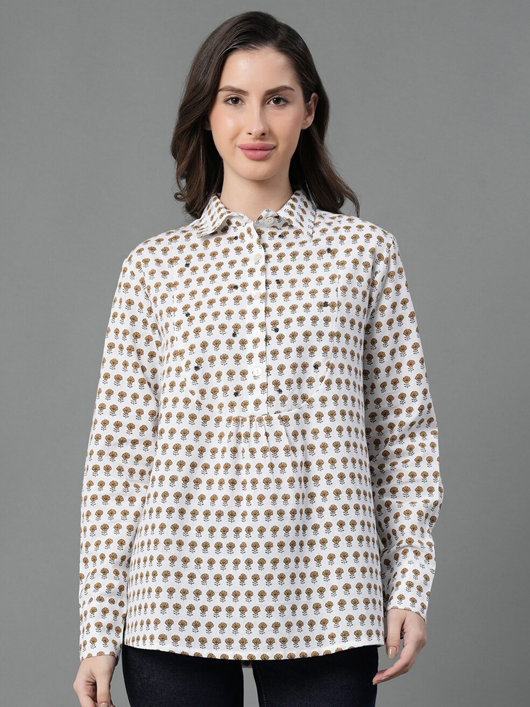 

Mode by Red Tape Floral Printed Pure Cotton Blouson Top, Off white