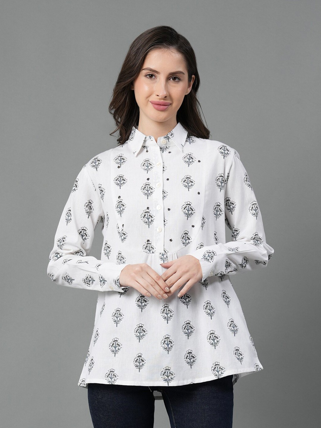 

Mode by Red Tape Floral Printed Pure Cotton Blouson Top, White