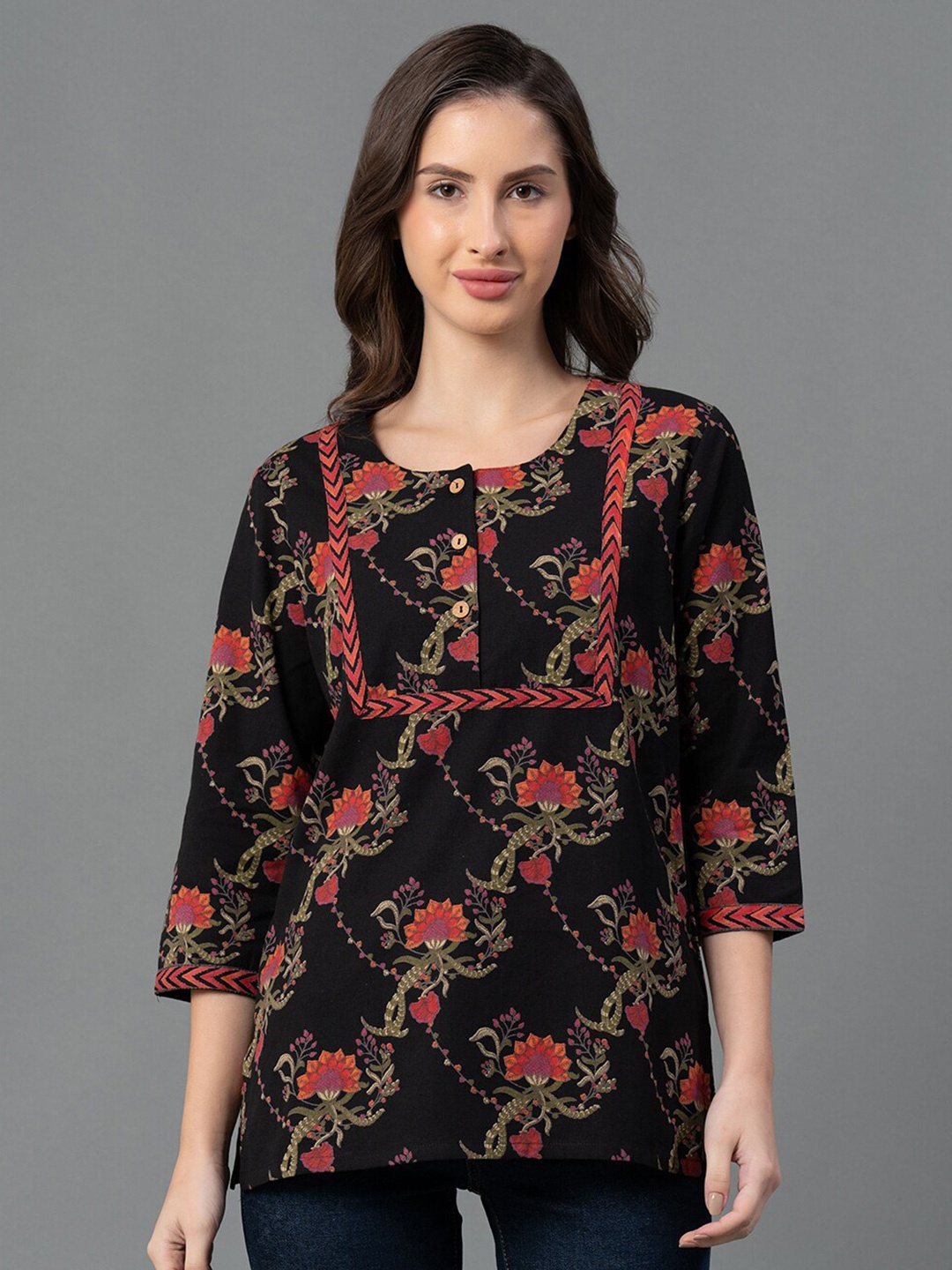 

Mode by Red Tape Floral Printed Cotton A-Line Top, Black