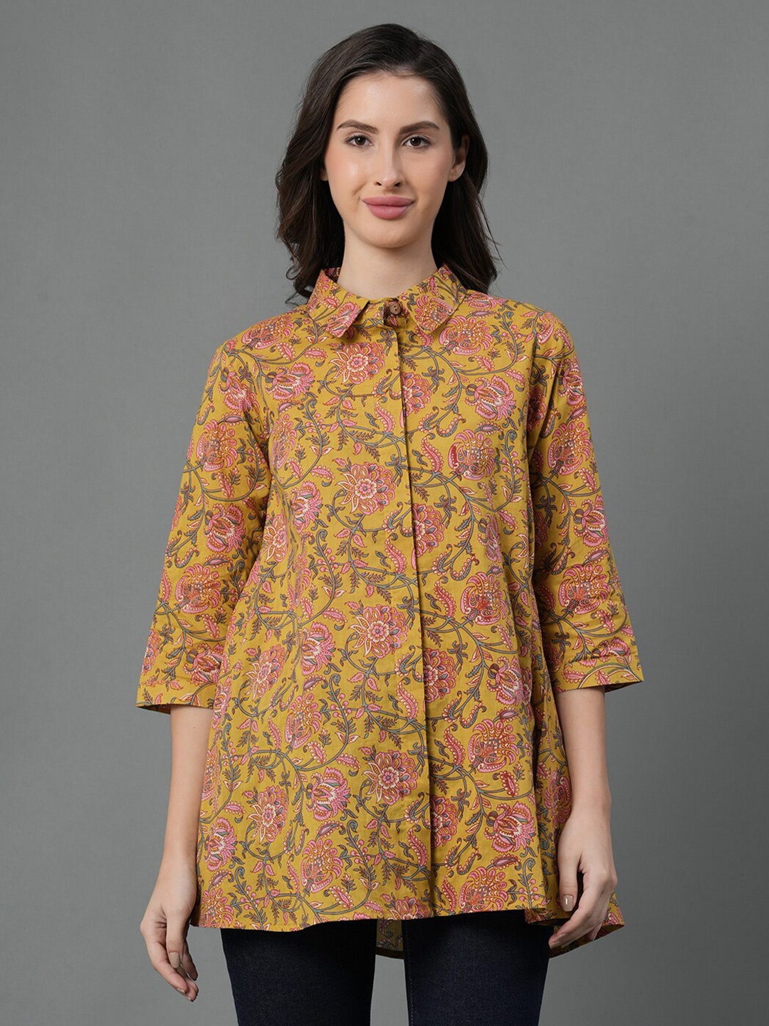 

Mode by Red Tape Floral Printed Pure Cotton Shirt Style Top, Mustard