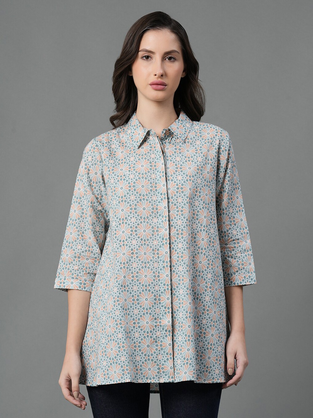 

Mode by Red Tape Floral Printed Pure Cotton Shirt Style Top, Green