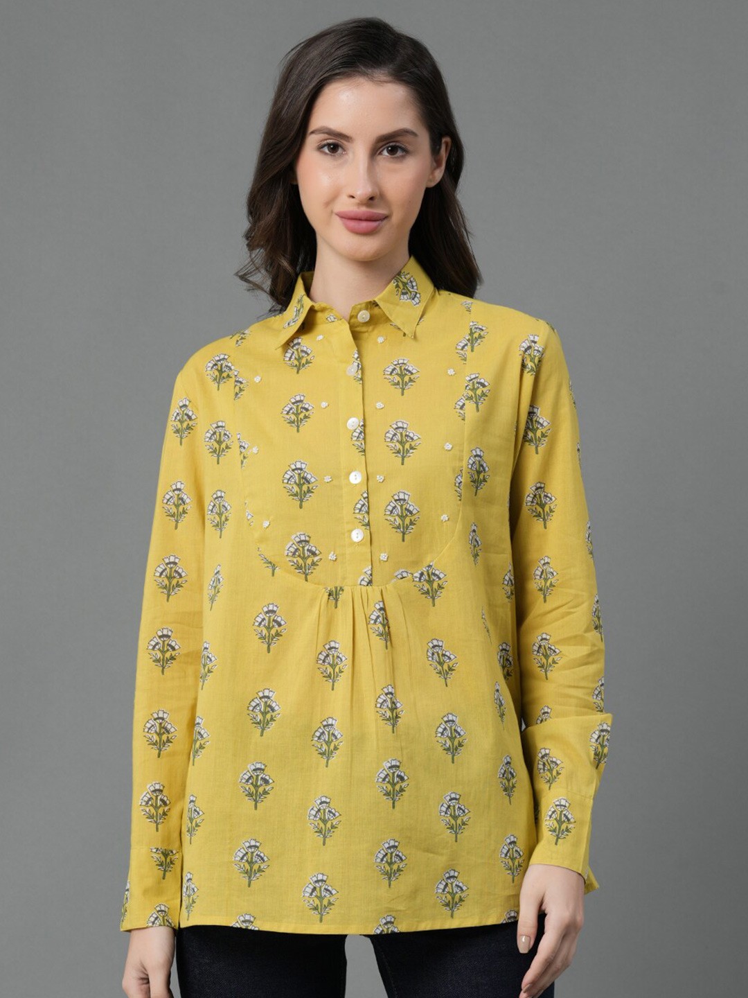 

Mode by Red Tape Floral Printed Pure Cotton Shirt Style Top, Yellow
