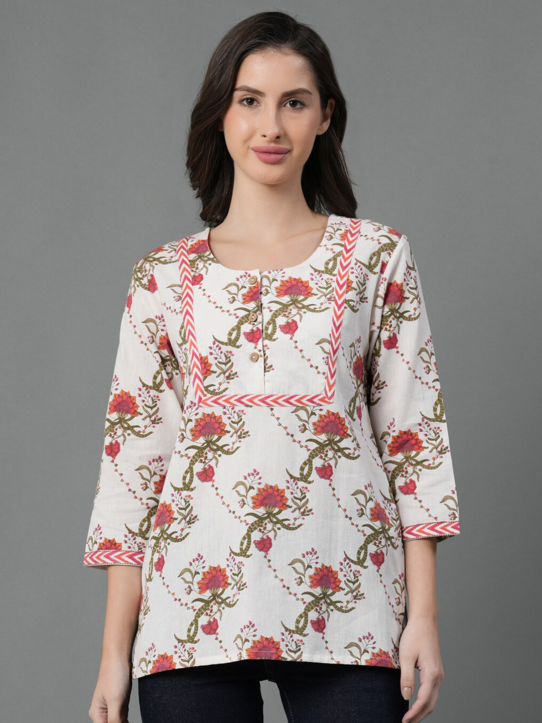 

Mode by Red Tape Floral Printed Cotton A-line Top, Off white