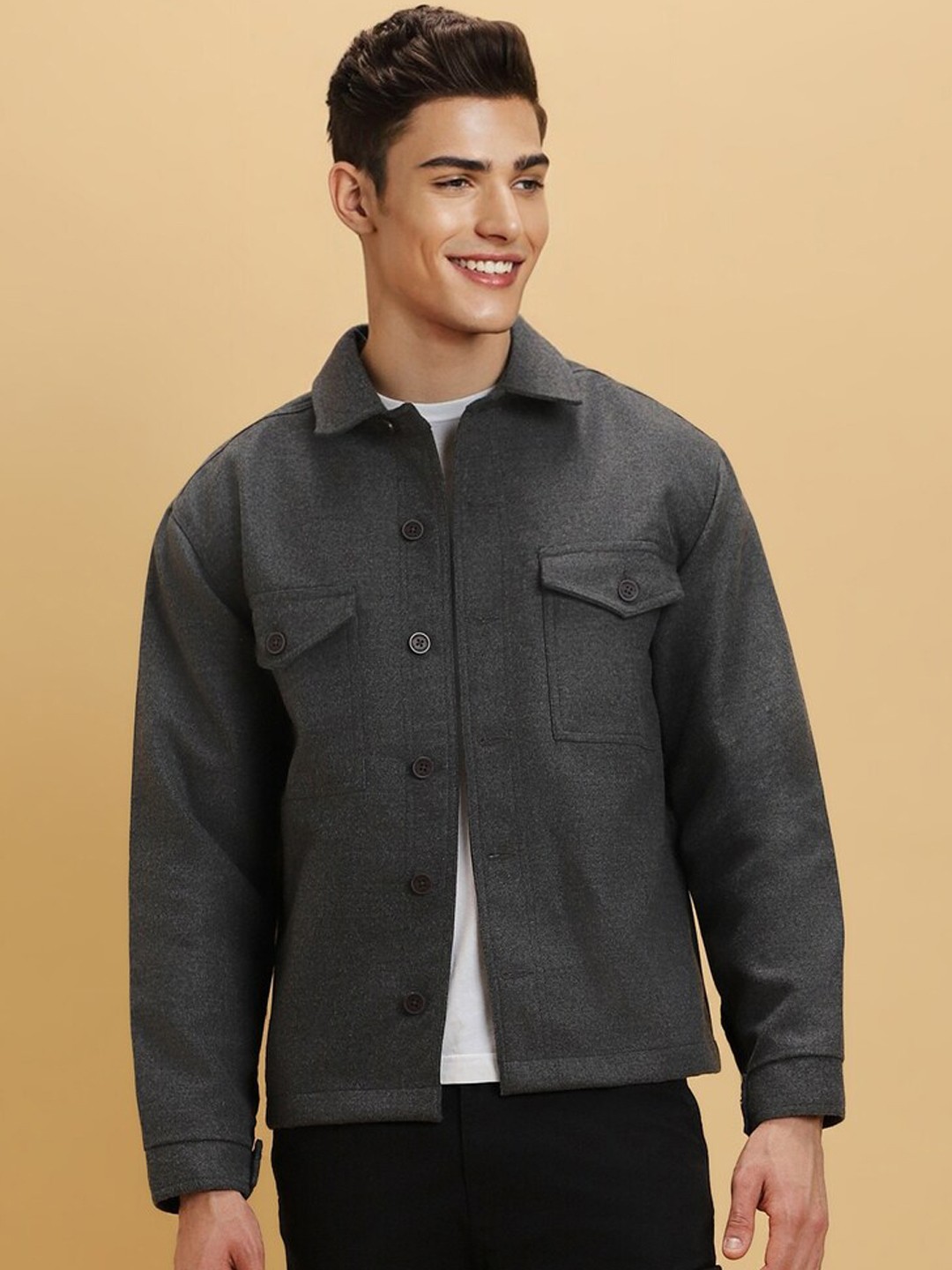 

FOREVER 21 Spread Collar Open Front Jacket, Grey