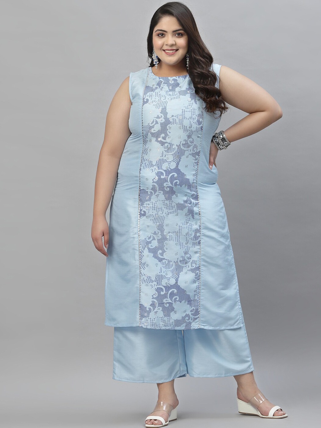 

Sztori Floral Printed Sleeveless Straight Kurta with Palazzos, Blue