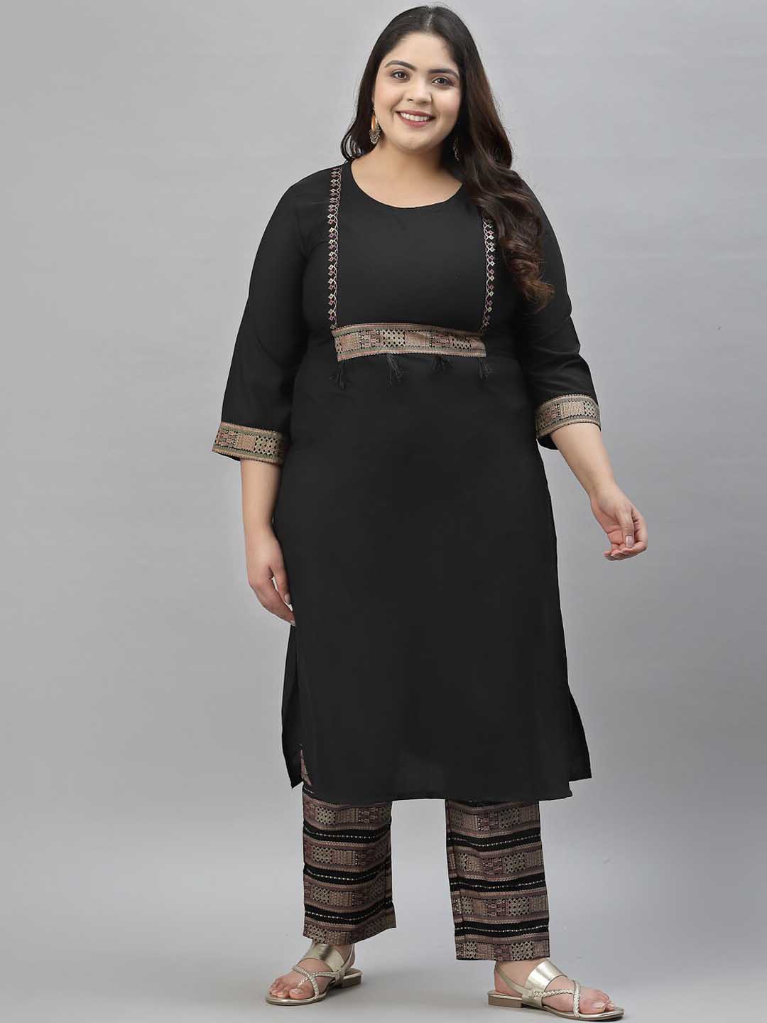 

Sztori Plus Size Ethnic Motifs Printed Regular Kurta with Trousers, Black