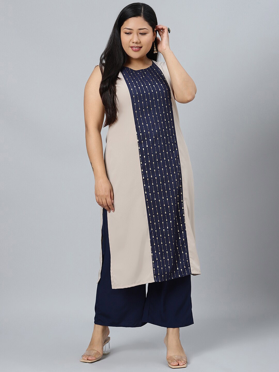 

Sztori Plus Size Ethnic Motifs Printed Kurta With Palazzos, Beige