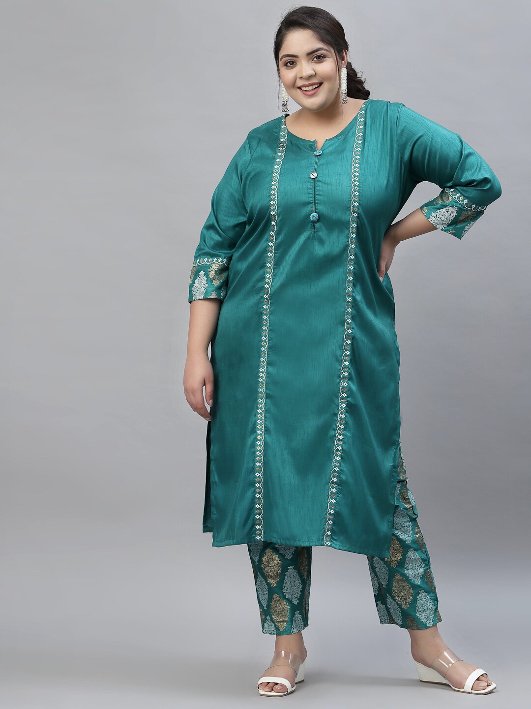 

Sztori Ethnic Motifs Printed Regular Kurta With Trousers & Dupatta, Green