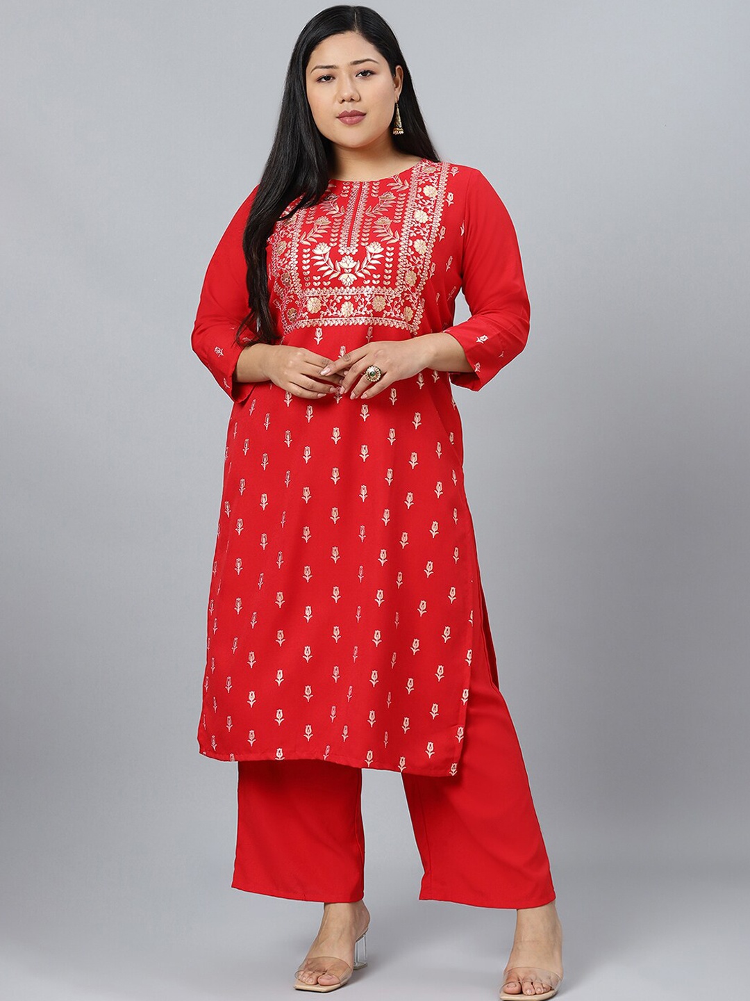 

Sztori Plus Size Ethnic Motifs Printed Round Neck Regular Kurta With Palazzo, Red