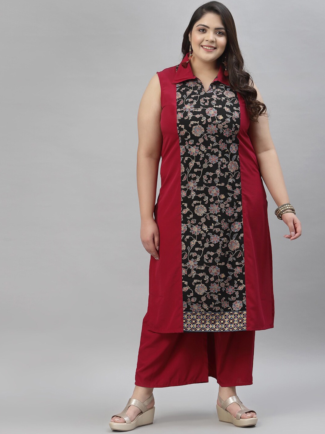 

Sztori Plus Size Floral Printed Shirt Collar Straight Crepe Kurta with Palazzos, Magenta