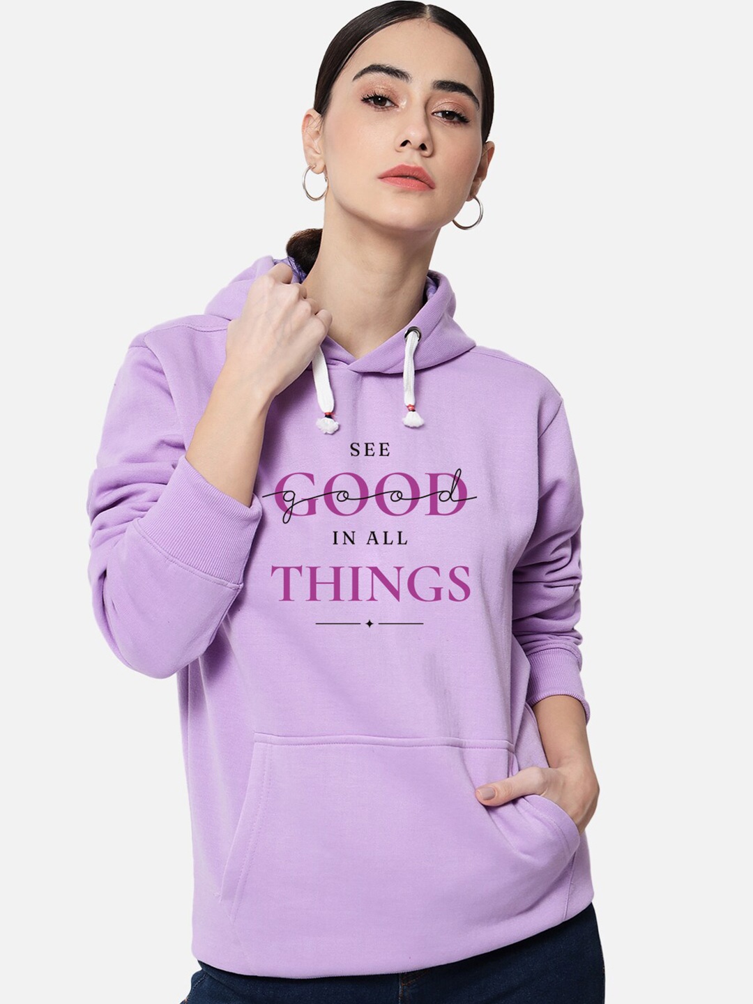 

FFLIRTYGO Typography Printed Hooded Fleece Sweatshirt, Purple