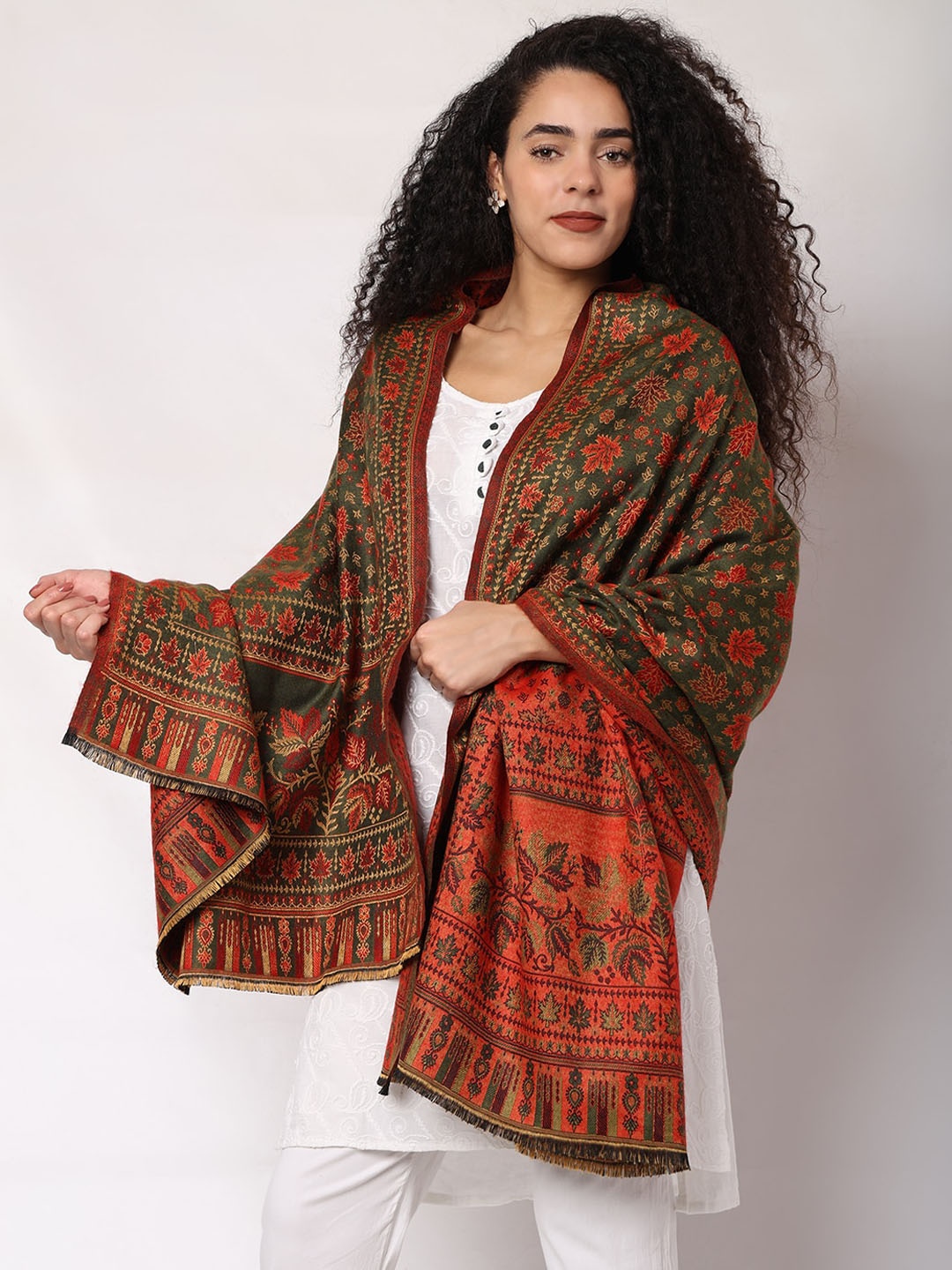 

WEAVERS VILLA Ethnic Motifs Woven Design Shawl, Green
