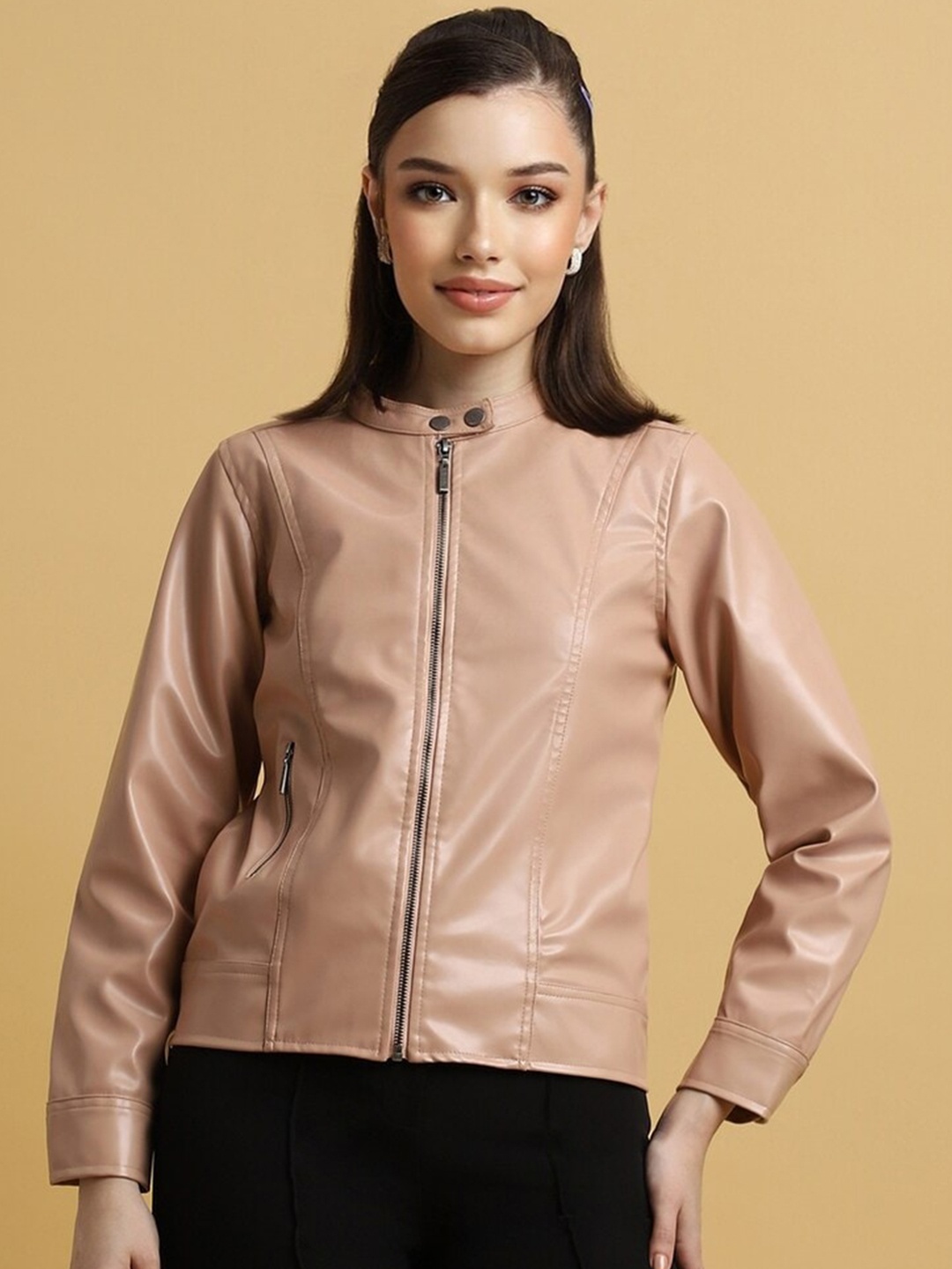 

FOREVER 21 Mandarin Collar Biker Jacket, Peach