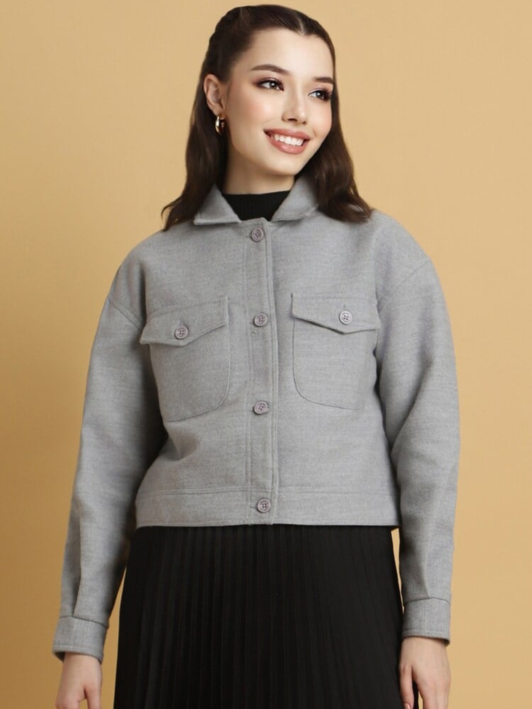 

FOREVER 21 Spread Collar Open Front Jacket, Grey