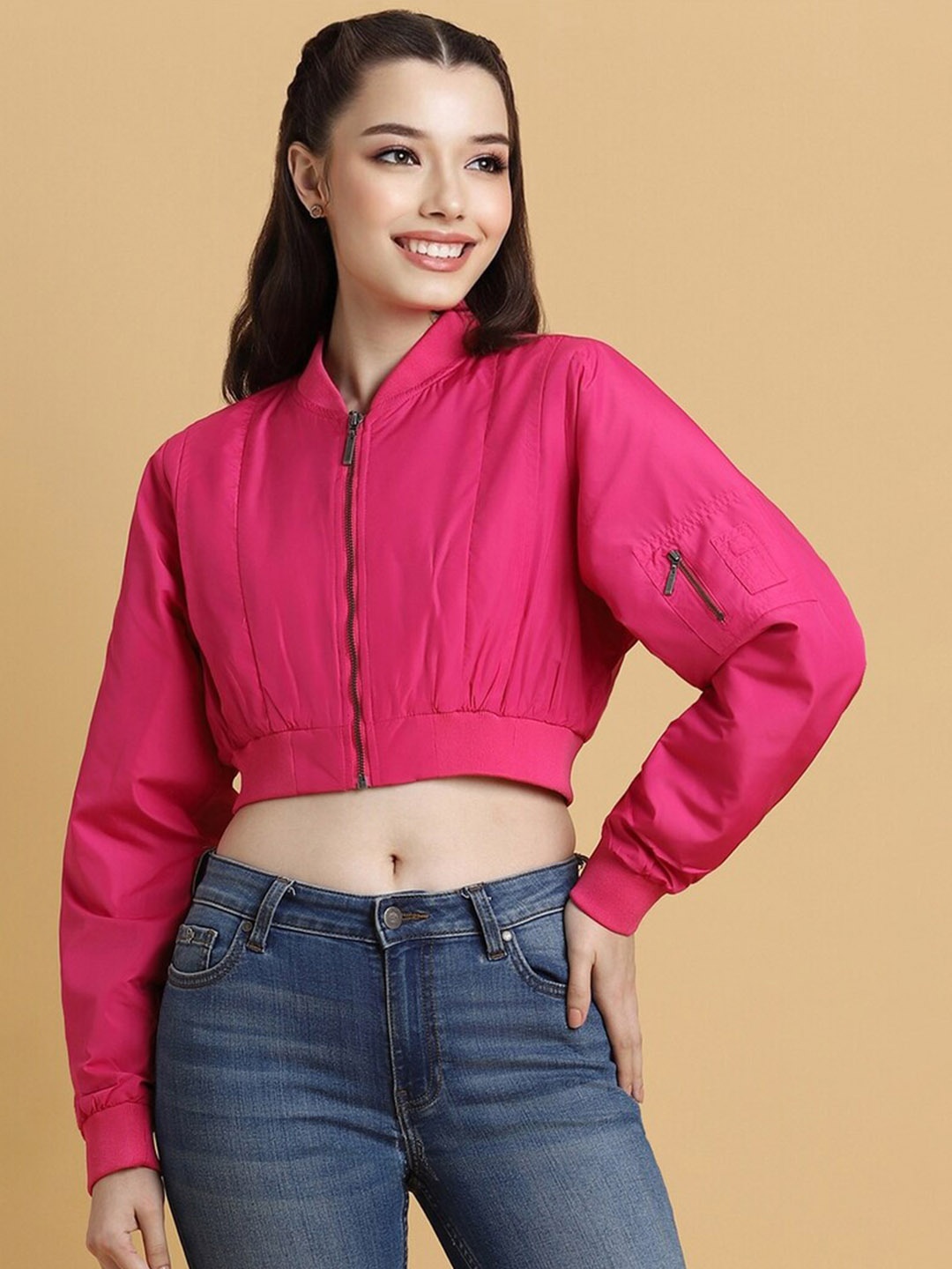 

FOREVER 21 Stand Collar Crop Bomber Jacket, Pink