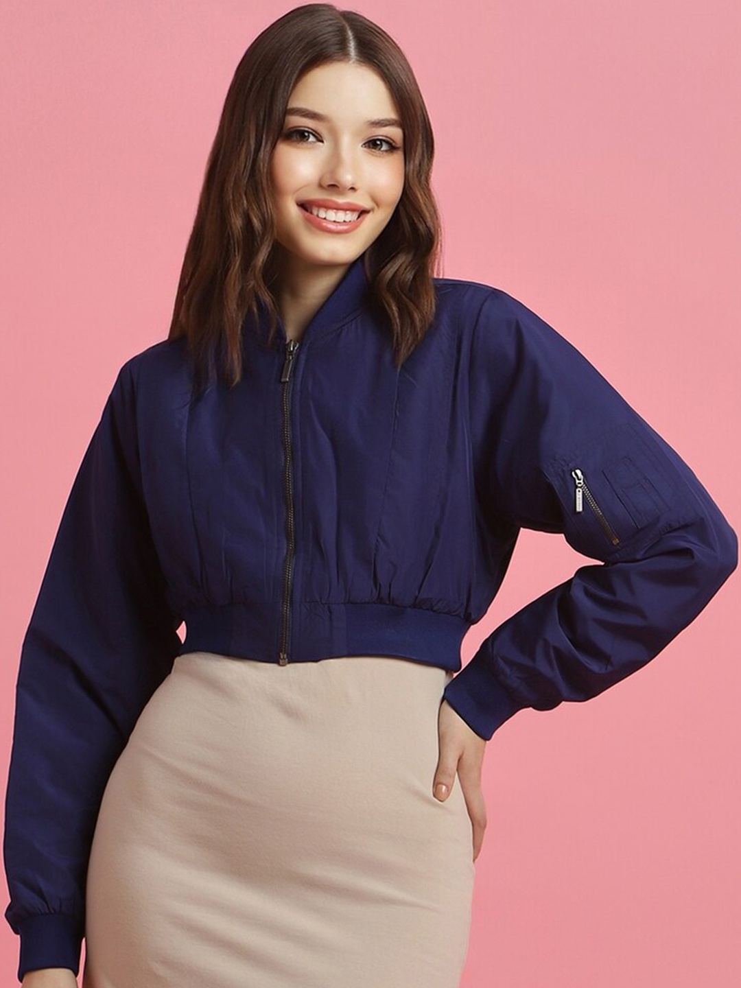 

FOREVER 21 Stand Collar Crop Bomber Jacket, Navy blue