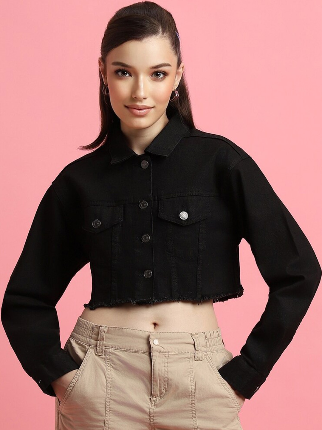 

FOREVER 21 Spread Collar Crop Cotton Denim Jacket, Black