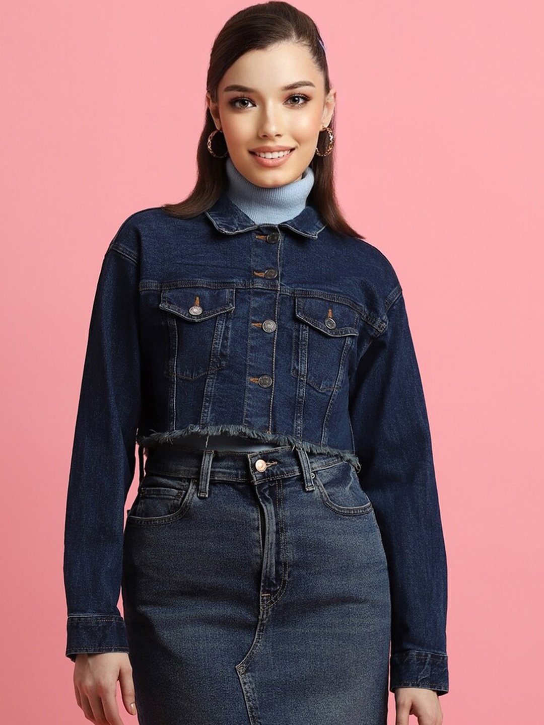 

FOREVER 21 Spread Collar Crop Denim Jacket, Navy blue