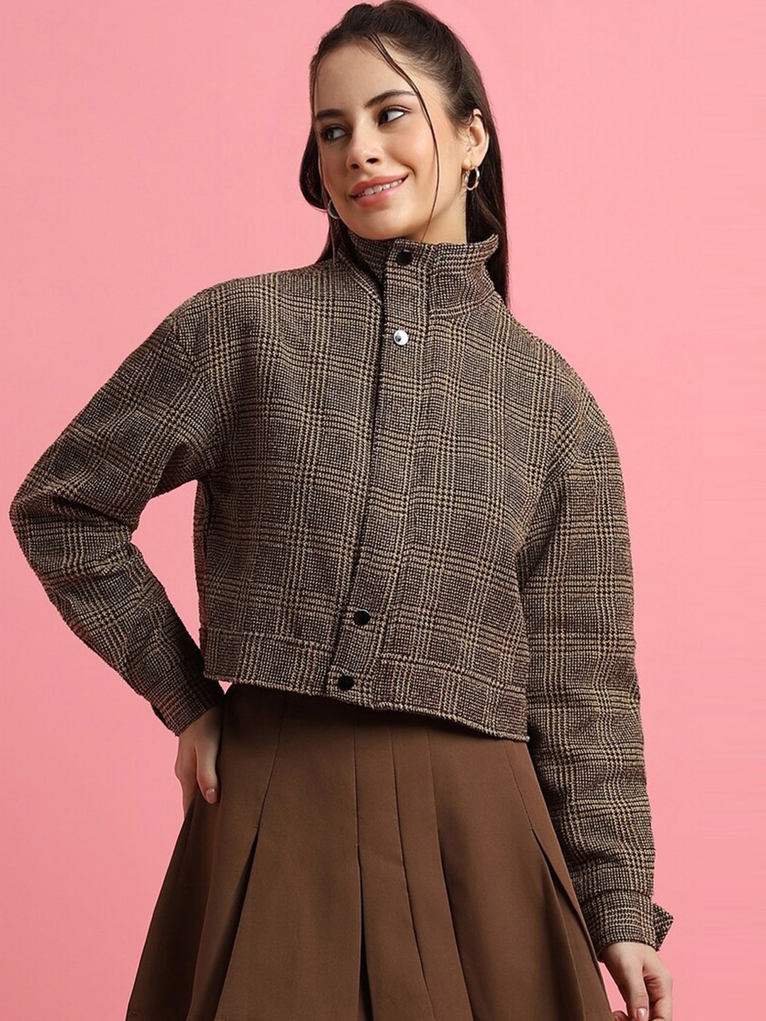

FOREVER 21 Checked Mock Collar Tailored Jacket, Brown