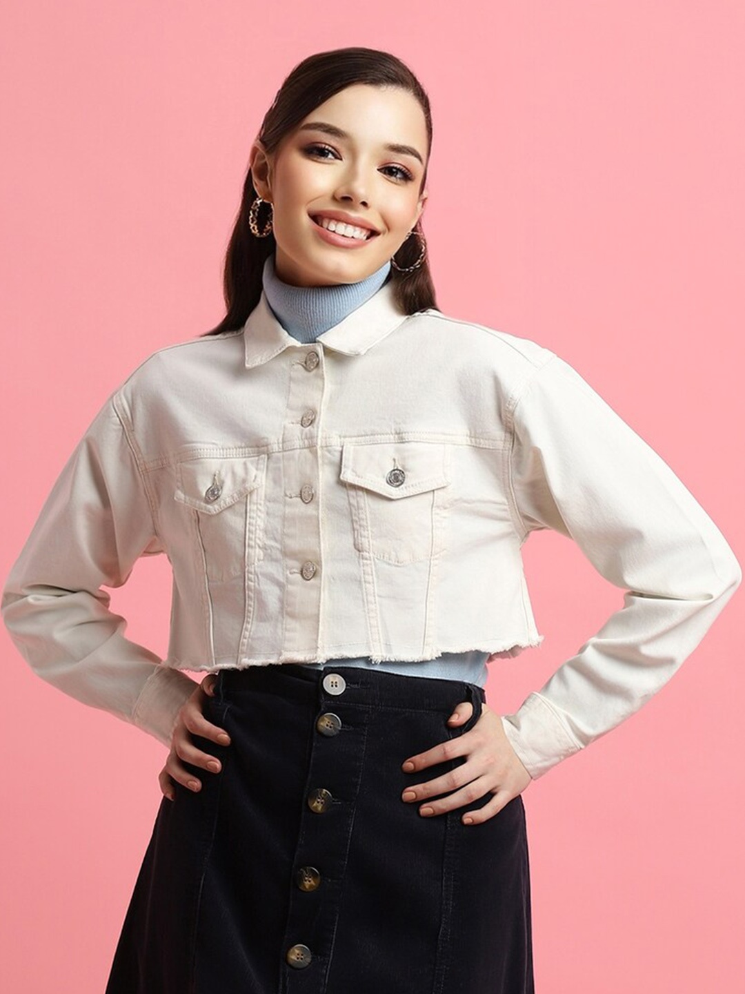 

FOREVER 21 Spread Collar Denim Jacket, White