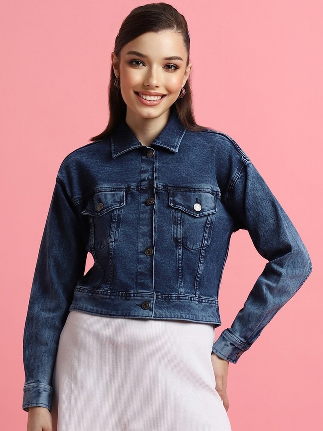 

FOREVER 21 Spread Collar Denim Jacket, Navy blue