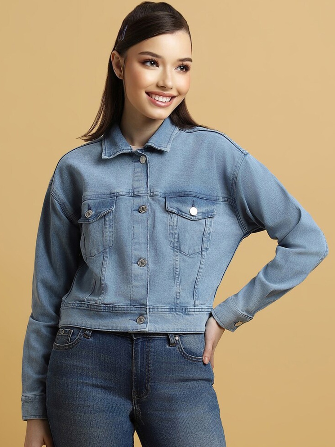 

FOREVER 21 Spread Collar Denim Jacket, Blue