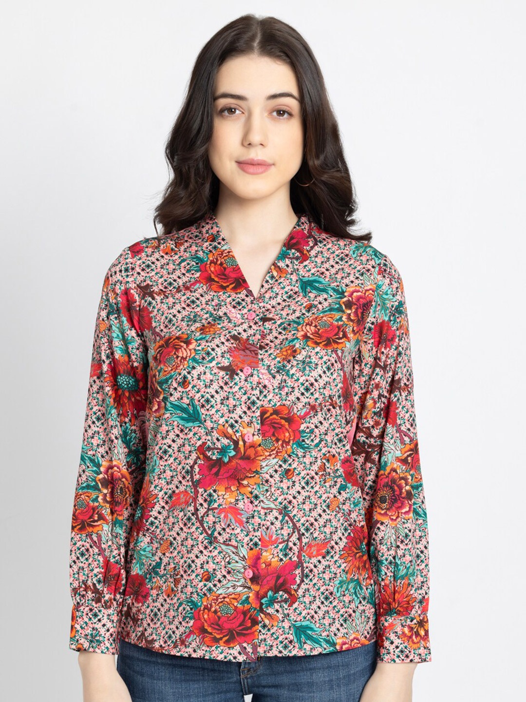 

SHAYE Floral Printed V-Neck Cuffed Sleeves Crepe Top, Pink