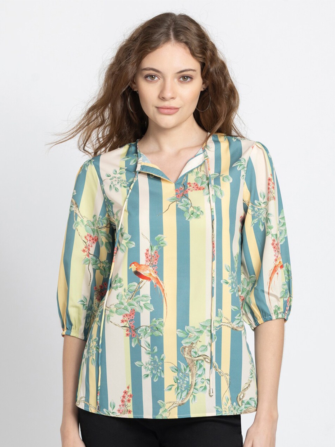 

SHAYE Floral Printed Cuffed Sleeves Tie Up Neck Top, Beige