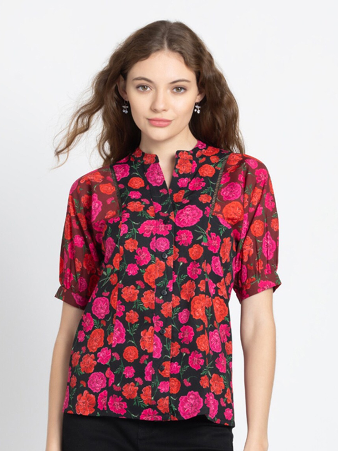 

SHAYE Floral Printed Mandarin Collar Puff Sleeves Top, Black