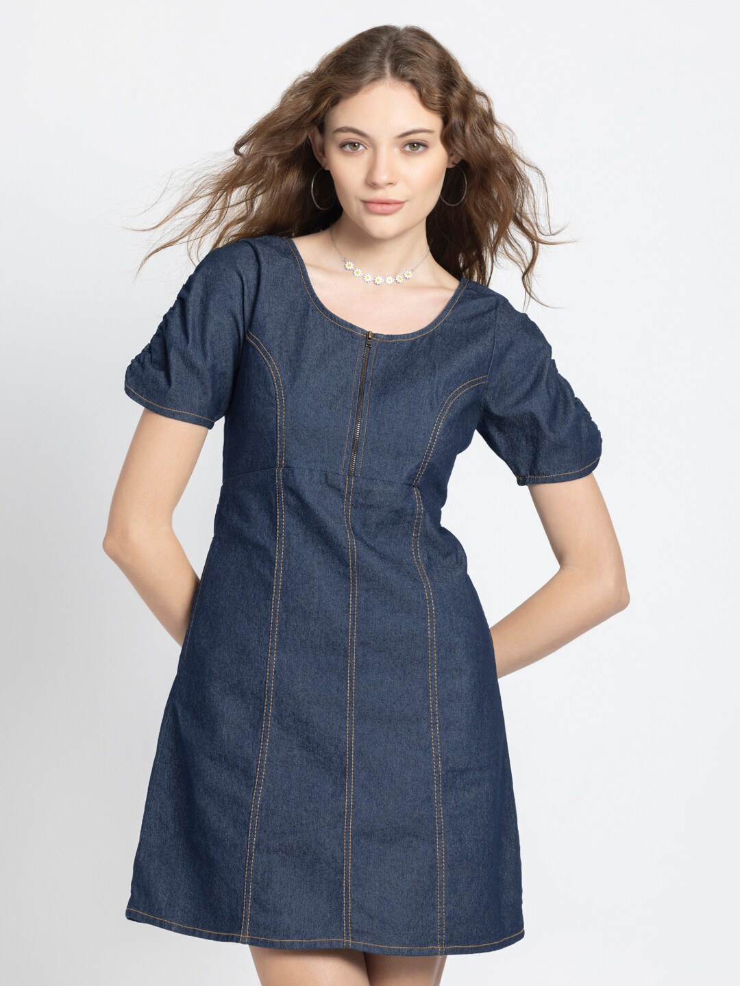 

SHAYE Stretch Cotton Washed Ruched Denim A-Line Elasticated Metal Zip Half Sleeves Dress, Blue
