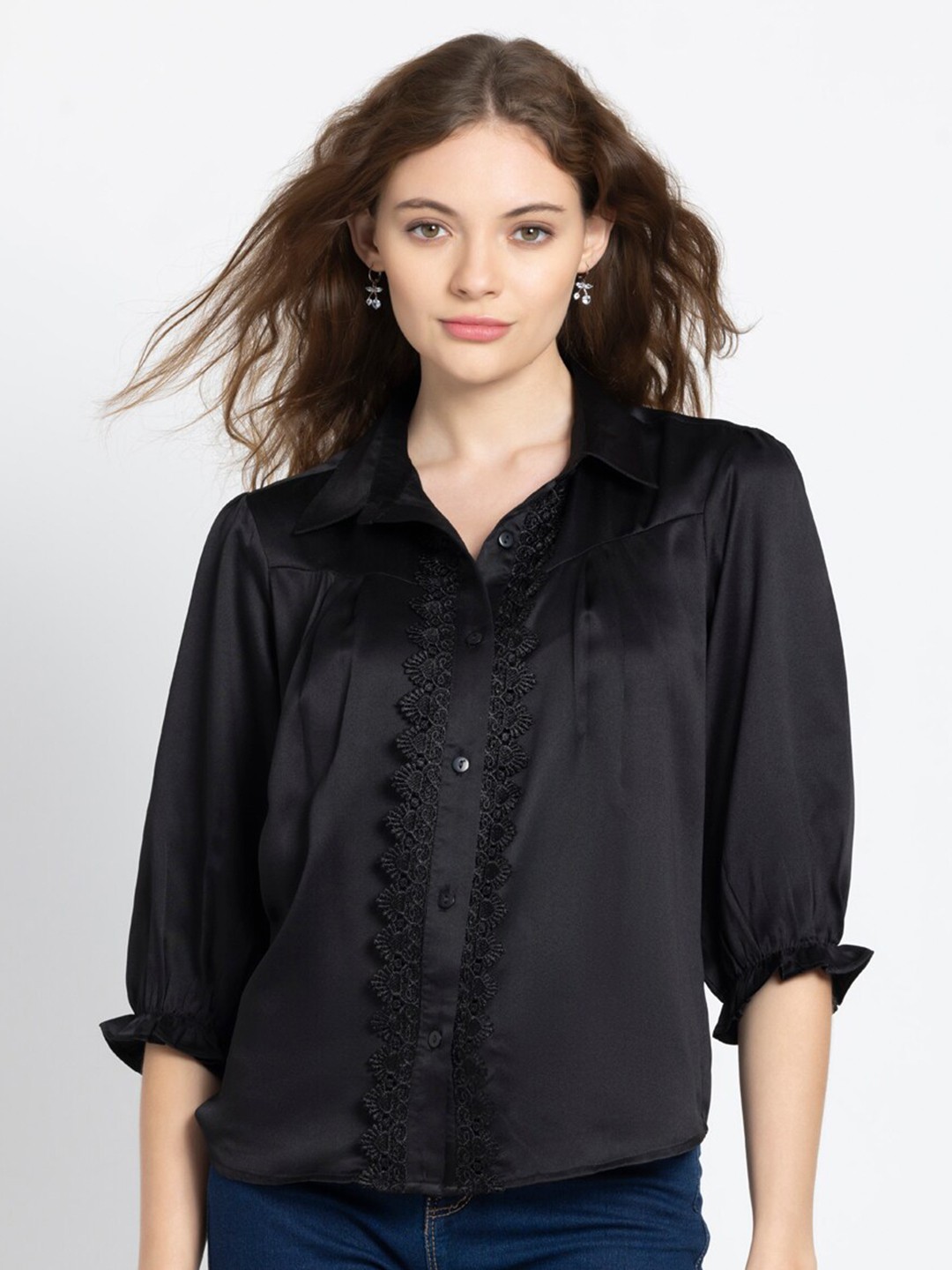 

SHAYE Lace-Up Cuffed Sleeves Shirt Style Satin Top, Black
